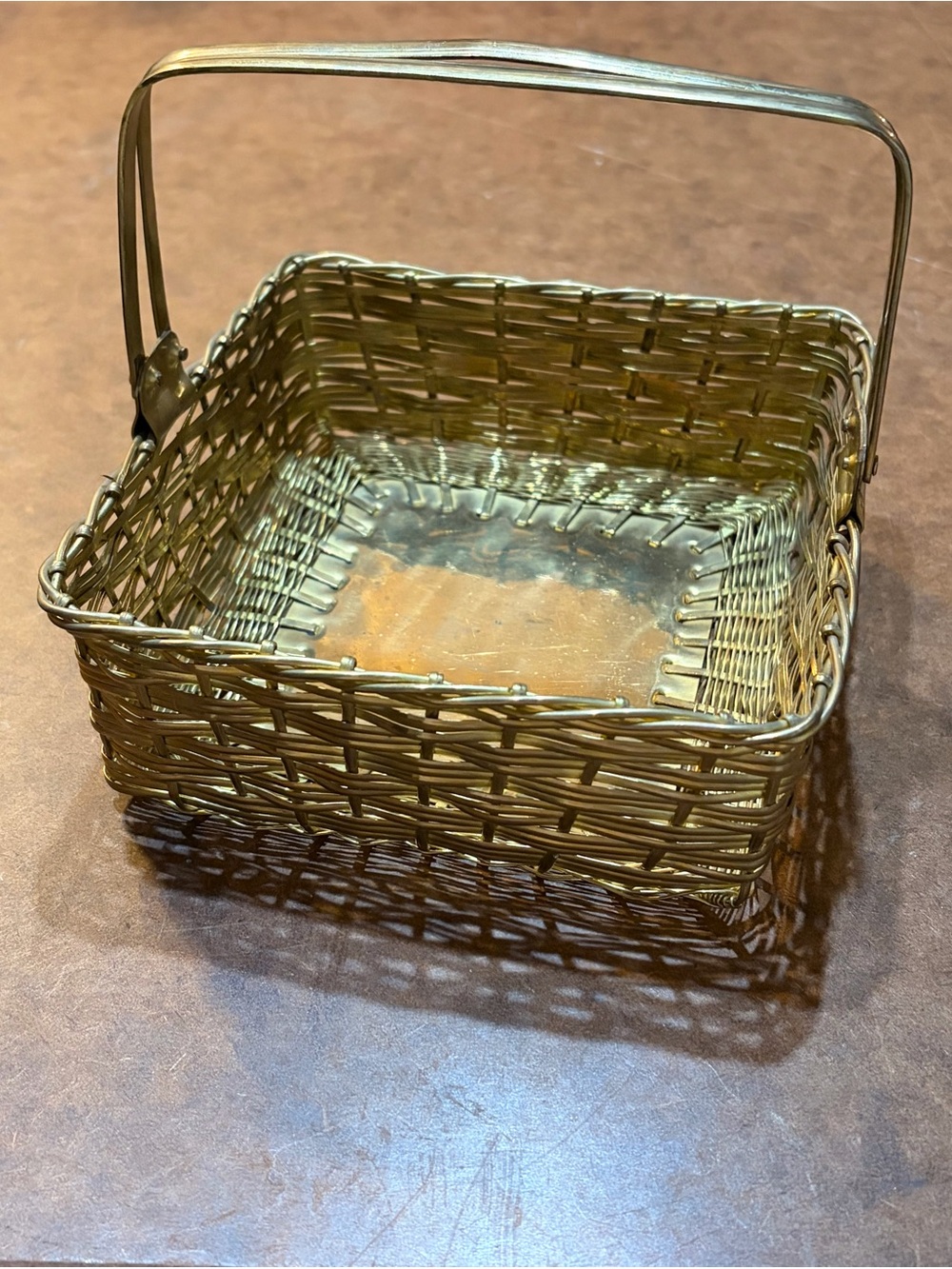 Vintage- Woven Brass Wire Basket with Handle - Mid Century, Made in India